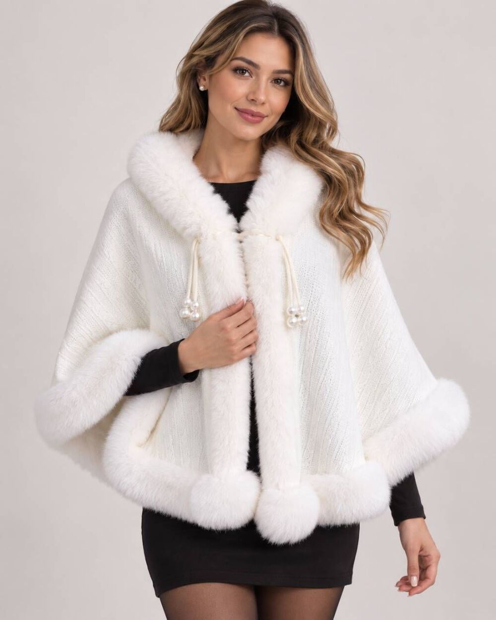 Women’s Beige Faux Fur Trim Cape Poncho One Size Pearl Pom Bridal Winter Wrap